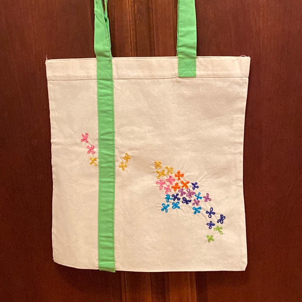 Reusable tote shopper hand embroidered Flowers/rainbow/abstract floral/LGBTQ